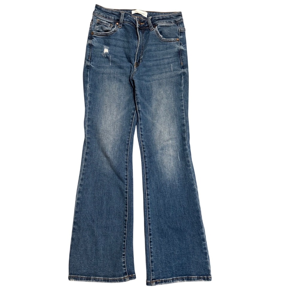 Risen‎ Womens High Rise Flare Jeans Medium Wash Distressed Size 3/26 Festival